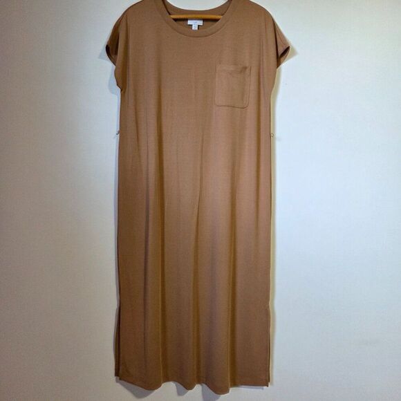 EUC LIKE NEW J JILL SUPER SOFT TAN SLIT SIDE MIDI TSHIRT DRESS SIZE SMALL - Picture 1 of 16